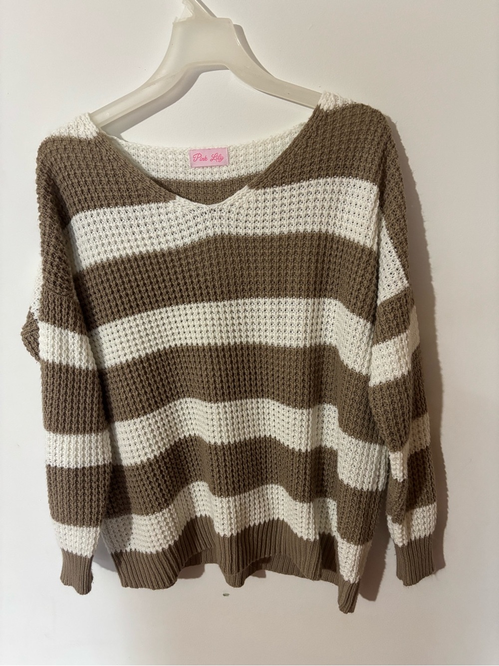 Pink Lily Striped Waffle Knit V-Neck Oversized Sweater - Brown & White Small